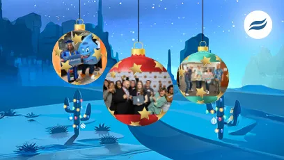 Graphic titled '2025 Year in Review' featuring three hanging holiday ornaments displaying photos of Rio Salado College students, staff, and celebrations against a blue winter-themed background.
