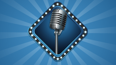 A microphone in front of a blue diamond shape