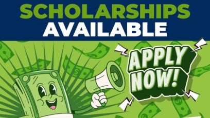 Scholarships Available Apply Now! (man made of cash holding megaphone)