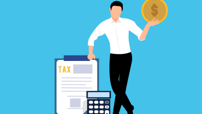 Man holding up a large gold coin while standing next to a big clipboard that says "TAX" on it and also there's a big calculator