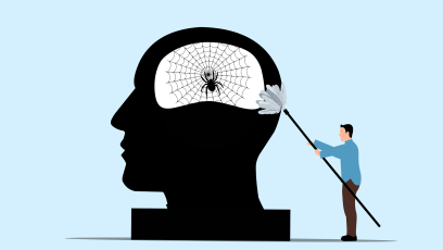 Man sweeping cobwebs and a spider out of the inside of a large silhouette of a head