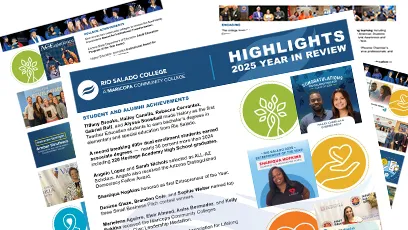 A colorful “Highlights 2025 Year in Review” flyer featuring student achievements, photos, and icons representing community impact and success.