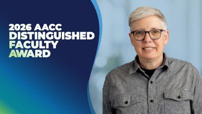 Portrait of Dr. Donna Tannehill with short gray hair and glasses smiling against a blue background, with text reading “2026 AACC Distinguished Faculty Award.”