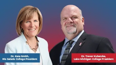Portraits of Dr. Kate Smith and Dr. Trevor Kubatzke smiling against a gradient background, with text identifying them as Rio Salado College President and Lake Michigan College President.