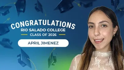 Portrait of April Jimenez smiling against a blue background with graduation caps, with text reading “Congratulations Rio Salado College Class of 2026.”