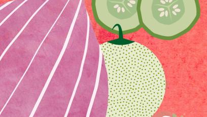 Cartoon art of an onion, cucumbers, and lychee