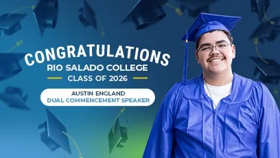 **Commencement speaker graphic** A graduate in a blue cap and gown smiles beside text that reads “Congratulations Rio Salado College Class of 2026” and identifies Austin England as the Dual Commencement Speaker.