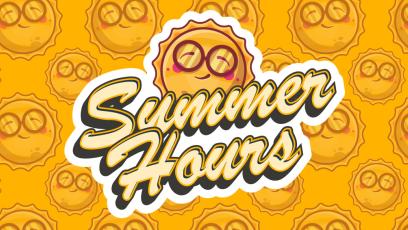 The sun wearing glasses with the words "Summer Hours" below.