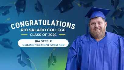 Graphic featuring Rio Salado College graduate Ira Steele in a blue cap and gown with the text, “Congratulations Rio Salado College Class of 2026.” A label identifies him as the 2026 commencement speaker.