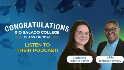 Graphic featuring Rio Salado College Class of 2026 graduates Marielena Aguirre Foster and Goldie Johnson Pompey with the text, “Congratulations Rio Salado College Class of 2026 – Listen to Their Podcast!” against a blue background with graduation caps.