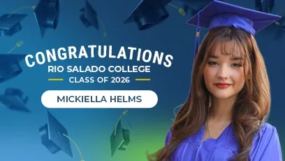 A graduate in a blue cap and gown poses beside text that reads “Congratulations Rio Salado College Class of 2026” and features the name Mickiella Helms.