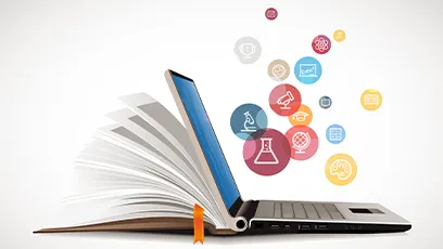 An open book transforms into a laptop computer, surrounded by colorful education and technology icons representing online learning, science, and digital skills.