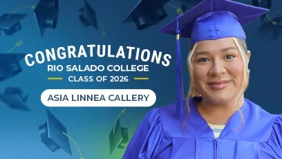 A graduate in a blue cap and gown smiles beside text that reads “Congratulations Rio Salado College Class of 2026” and features the name Asia Linnea Callery.