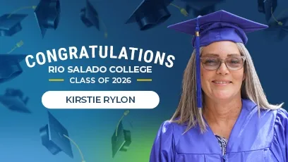 Portrait of Kirstie Rylon smiling and wearing a blue graduation cap and gown, with text reading “Congratulations Rio Salado College Class of 2026.”