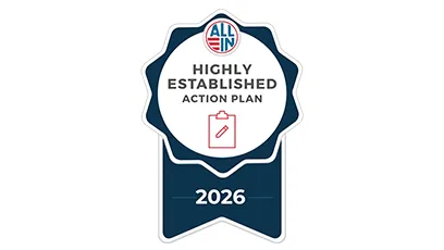 ALL IN Campus Democracy Challenge badge recognizing a 2026 Highly Established Action Plan for nonpartisan democratic engagement and campus action planning.