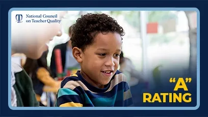 Young student engaged in a classroom activity with an adult nearby, with the National Council on Teacher Quality logo and text reading “A Rating.”
