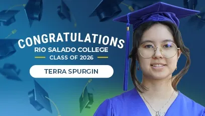 Portrait of Terra Spurgin smiling and wearing a blue graduation cap and gown, with text reading “Congratulations Rio Salado College Class of 2026.”