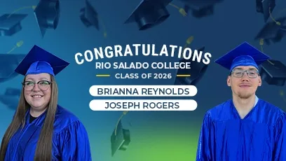 Portraits of Brianna Reynolds and Joseph Rogers wearing blue graduation caps and gowns, with text reading “Congratulations Rio Salado College Class of 2026.”