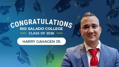 Portrait of Harry Gahagen Jr. smiling in a blue suit and red tie, with text reading “Congratulations Rio Salado College Class of 2026.”