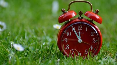 A red clock in a grassy field