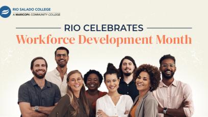 photo of a group of diverse workers with text Rio Celebrates Workforce Development Month