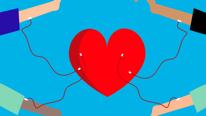Four arms donating blood whose IVs connect to a heart in the middle of them