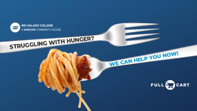 Two dinner forks with embedded text: Struggling with Hunger? We Can Help You Now! Logos for Rio Salado and Full Cart.
