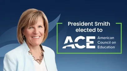 **Alt text:** Portrait of Rio Salado College President Dr. Kate Smith smiling, with text reading “President Smith elected to ACE American Council on Education.”