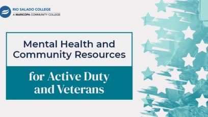 illustration of teal stripes and stars with text: Mental Health and Community Resources for Active Duty and Veterans