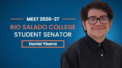 Portrait of Daniel Ybarra smiling and wearing glasses, with text reading “Meet 2026–27 Rio Salado College Student Senator Daniel Ybarra.”