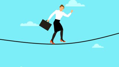 A professional woman walking on a tightrope while holding a briefcase