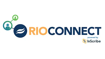 RioConnect logo featuring connected user icons and a blue wave symbol beside the words “RioConnect,” with “Powered by InScribe” below.
