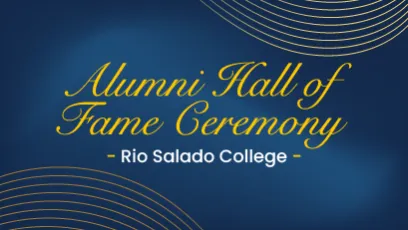 Graphic for the Rio Salado College Alumni Hall of Fame Ceremony featuring gold text on a dark blue background with decorative gold wave lines.