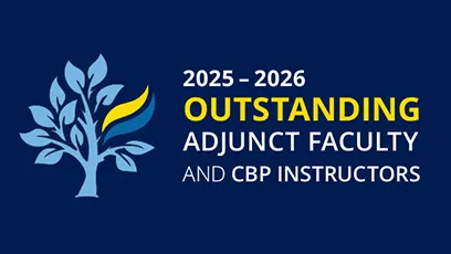 Dark navy blue graphic featuring a stylized tree with light blue leaves and a yellow accent. White and yellow text reads, "2025–2026 Outstanding Adjunct Faculty and CBP Instructors."