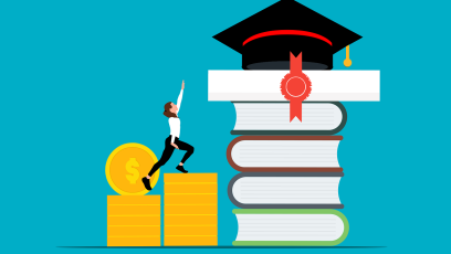 Woman using stacks of gold coins as steps to climb toward a stack of books crowned with a graduate's cap she's reaching out for