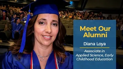 Rio Salado College alumna Diana Loya smiles while wearing a blue graduation cap and gown with honor cords at a commencement ceremony. Graduates and audience members are visible in the background. A blue overlay reads, "Meet Our Alumni, Diana Loya, Associate in Applied Science, Early Childhood Education."