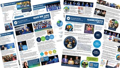 A multi-page collection of printed marketing collaterals and informational flyers showcasing the Rio Salado College 2025–2026 Fact Sheet and Highlights publication laid out overlapping on a dark background.