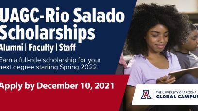 UAGC-Rio Salado Scholarships Alumni, Faculty and Staff.  Earn a full ride scholarship. Image of a young black mom with son in a 