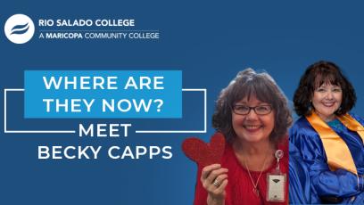 two photos of Rio Salado College alumna Becky Capps, one in a graduation cap and gown