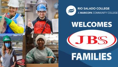 Collage of JBS employees at work smiling at camera. Text: Rio Salado College Welcomes JBS Families