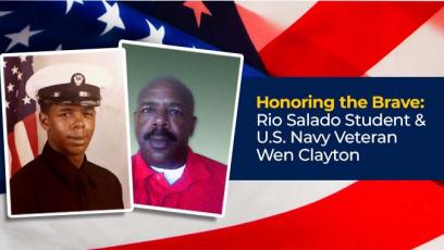 photos of Rio Salado College Veteran student Wen Clayton. Text: Honoring the Brave: Rio Salado Student and U.S. Navy Veteran Wen