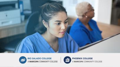 photo of a medical assisting student looking at a computer. Rio Salado College and Phoenix college logos.