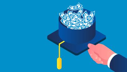 Illustration of graduation cap full of money, scholarship or loan, concept of tuition