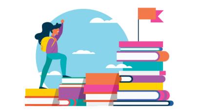 Illustration of a college student climbing a mountain made of books.