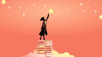 Concept illustration of a woman in graduation toga reach out for the stars by using books as the platform. Education concept.
