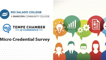graphic of icons, business team working together, each expert. Rio Salado College logo with text: Micro Credentials Survey