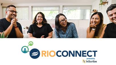 group of students laughing and talking in a circle with RioConnect logo