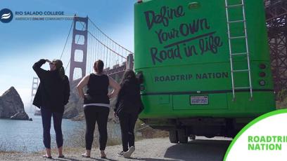 photo of three Roadtrip Nation students standing next to RV, looking at the Golden Gate Bridge