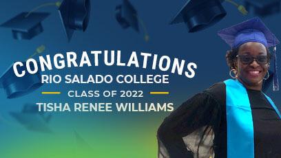 photo of Tisha Renee Williams with a blue green gradient background and the text: Congratulations Rio Salado College Class of 20