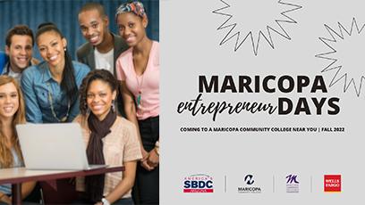 group of diverse college students with text: Maricopa Entrepreneur Days Fall 2022